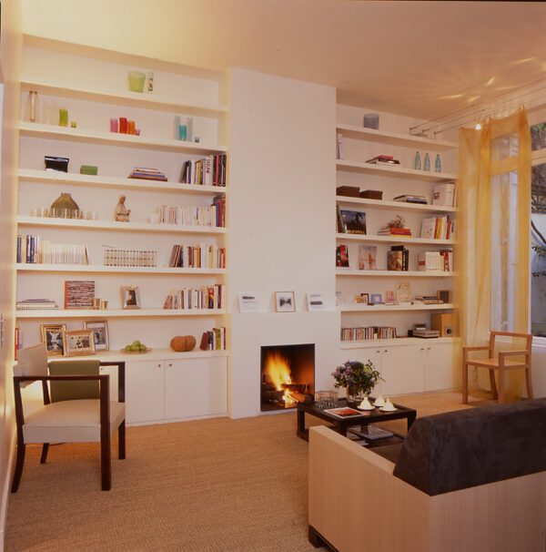 Amsterdam paris rénovation appartement séjour cheminée étagère rangement sur mesure