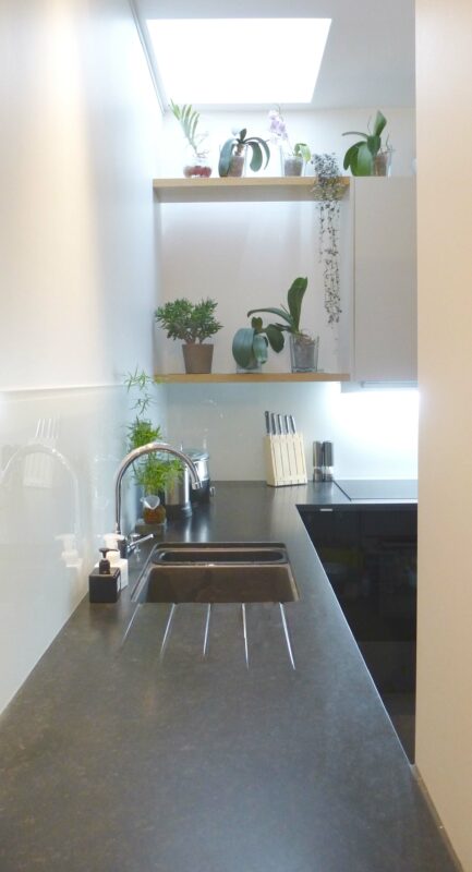 Hôtel particulier. Dans la cuisine une ouverture zénithale offre une lumière naturelle permettant aux plantes des étagères de s’épanouir.